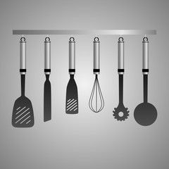 Vector set of kitchen utensils, cooking accessories on a gray background. Ladle, skimmer, whisk, spatula, spoon spaghetti.