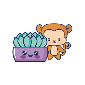 cute monkey baby with cartoon potted plant