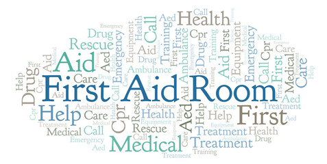 Fototapeta na wymiar First Aid Room word cloud, made with text only.