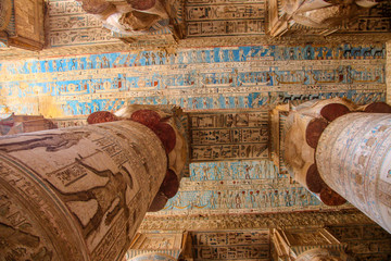Beautiful interior of the temple of Dendera or the Temple of Hathor. Colorful zodiac on the ceiling...