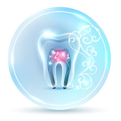 Beautiful clean artistic tooth anatomy icon, with white abstract swirly flower on a delicate clean blue background