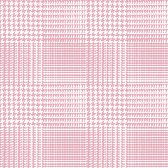 Glen Plaid Seamless Vector Pattern in Rose Pink and White. Trendy High Fashion Print. 9x9 Houndstooth Check. Prince of Wales Check. Traditional Scottish Fabric. Pixel Perfect Tile Swatch Included.