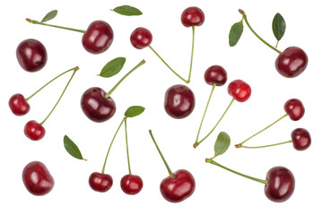 Cherries isolated on white background. Top view