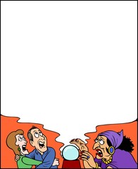 Haunted border design, with a fortune teller and two frightened customers