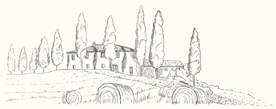 Mediterranean landscape. Autumn Tuscan landscape with a manor, fields and cypresses.
