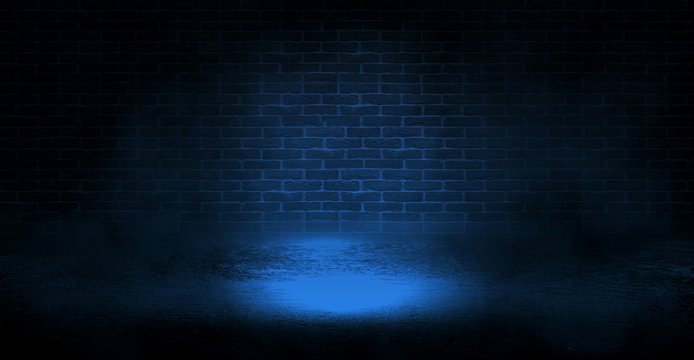 Background of the old brick wall and concrete floor. Neon light. Halloween background