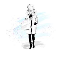Stylish Girl in winter coat, scarf and with bag. The girl is a hipster. Painted by hand. Vector. EPS 10