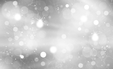 Silver bokeh with sparkles and artistic lines. Blurry Christmas and New Year greeting card illustration background.