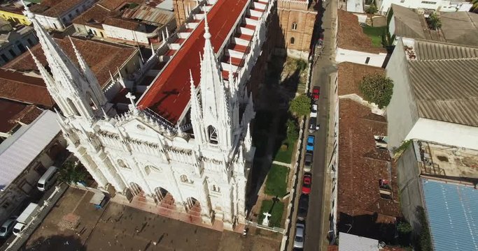 Aerial footage of the Santa Ana city cathedral in El Salvador
