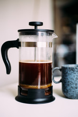 French Press Coffee Pour on a Cold Autumn Morning. 