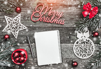 Winter composition, on old wood background. balls and Christmas toys. space card for a greeting...