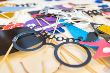 Photo booth Props Weddings Party, Featuring cute Funny Love, Just Married Doodle Speech Bubble. Horizontal. Shallow depth of field.