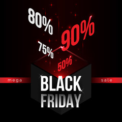Black Friday,modern isometric abstract illustration,web online, landing page,shopping bargain sales concept.Isometrics abstraction cube with text 90 80 75 50 Mega Sale