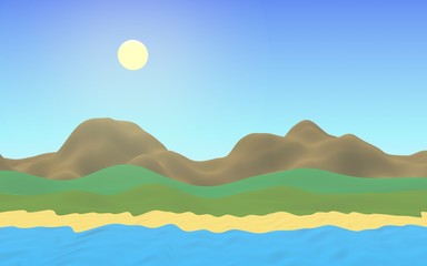 Sun Sea Beach. Noon. Ocean shore line with waves on a beach. Island beach paradise with waves. Vacation, summer, relaxation. Seascape, seashore. Minimalist landscape, primitivism. 3D illustration