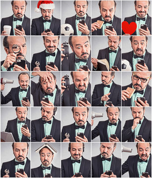 Collage of man using phone in different emotions