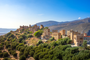 Fototapeta premium View of the picturesque medieval village of Vatheia with towers, Lakonia, Peloponnese, Greece.