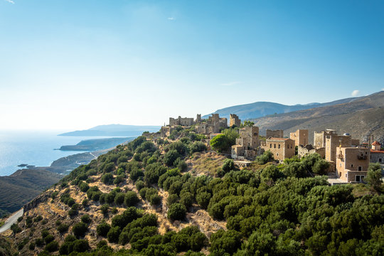 View of the picturesque medieval village of Vatheia with towers, Lakonia, Peloponnese, Greece.