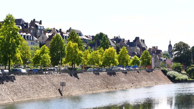 Quay of the Sarthe River, in the centre of the city of Le Mans. Le Mans is a city in western France, located in the Pays de la Loire region.