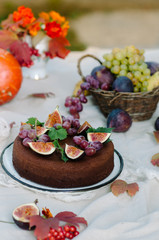 Autumn chocolate cake decorated with figs and grapes
