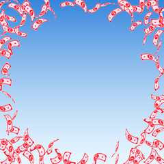 British pound notes falling. Sparse GBP bills on blue sky background. United Kingdom money. Attracti