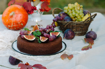 Autumn chocolate cake decorated with figs and grapes