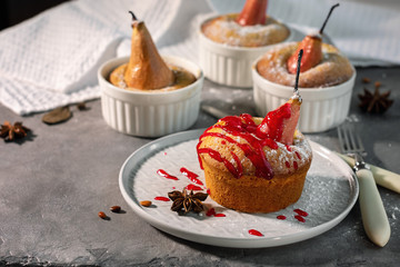 Cakes, mini pies with baked pear.