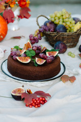 Autumn chocolate cake decorated with figs and grapes