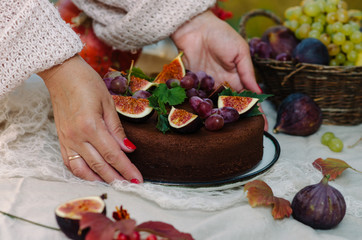 Autumn chocolate cheesecake decorated with figs and grapes