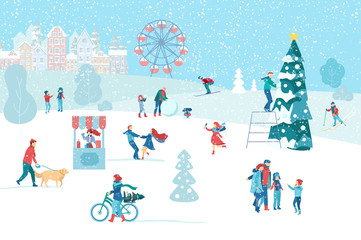 Winter cityscape poster with people walking in park. Christmas holidays.