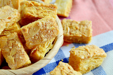 Almond puff pastry in the basket.
Puff pastry menu.