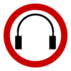 Prohibition sign headphones on white.