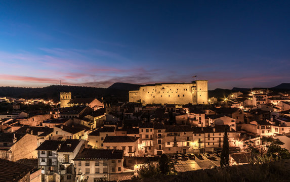 Mora de Rubielos Castle lighting in Teruel Spain Gudar Sierra night view panorama lights