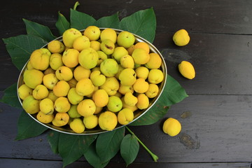 Żółte owoce pigwy w metalowym półmisku