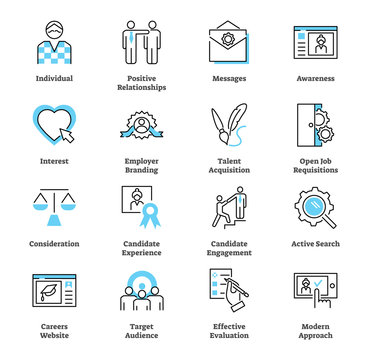 Recruitment marketing icon collection vector set. Hiring talent strategy.