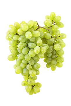 Bunch of ripe green grapes on a white background