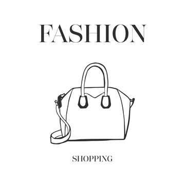 Woman bag hand drawn, female stylish vector fashion illustration black on white line. Fashion shopping logo design Ink hand drawn picture sketch style. For logo, invitation, greeting card, poster