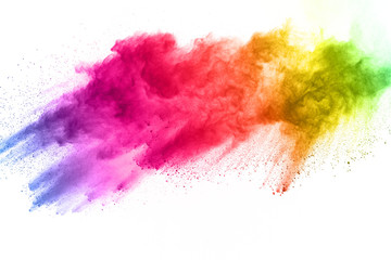 abstract powder splatted background. Colorful powder explosion on white background. Colored cloud. Colorful dust explode. Paint Holi.