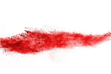 Freeze motion of red powder exploding, isolated on white background. Abstract design of red dust cloud. Particles explosion screen saver, wallpaper