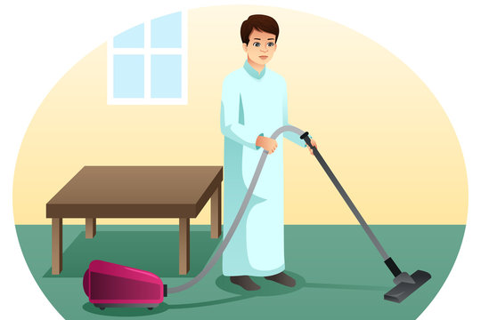 Muslim Man Vacuuming the Carpet at Home