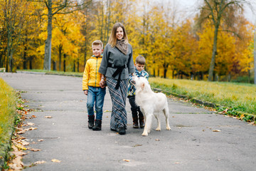 Mom and son walking their dog in the park in the fall