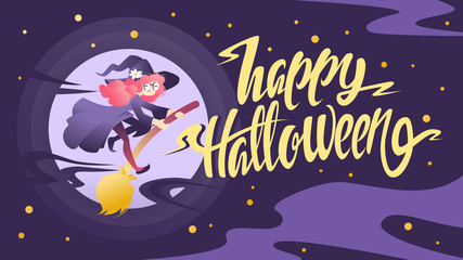 Vector Illustration of a Halloween Witch Flying on a Broomstick