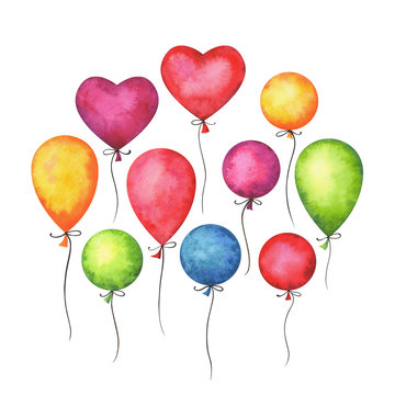 Hand painted watercolor colorful air balloons set isolated on white background. Holiday, birthday, party, carnival and wedding decor elements