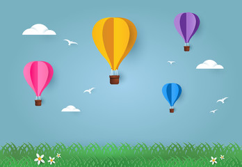 Colorful Air Balloons and Cloud on sky. paper art