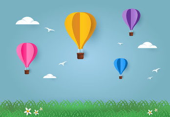 Fototapeta premium Colorful Air Balloons and Cloud on sky. paper art