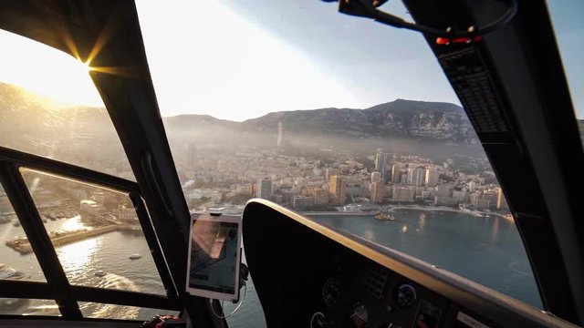 Point of view flying a helicopter in Monte Carlo Monaco French Riviera France flight