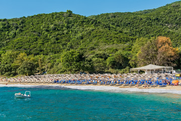 Fototapeta premium Olympiada, Greece - August 11, 2018: Proti Ammoudia beach, one of the most beautiful beaches in the Aegean Sea.