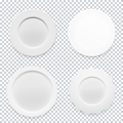 Empty white round plate collection set on transparent background for your design. Vector Illustration