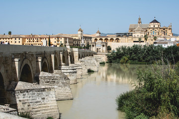 Obraz premium Panoramic view of Mosque-Cathedral and Roman Bridge of Córdoba, Andalusia, Spain