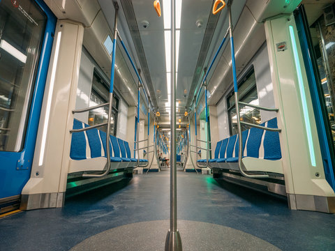 Inside New Modern Subway Train, Railroad Transportation