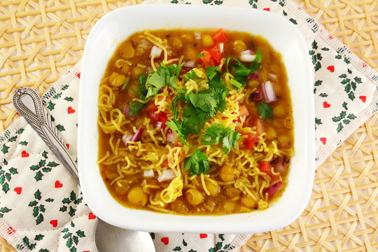 traditional indian gujarati food bhel snack or chaat sev usal or misal made from dried green peas besan vermicelli and spices